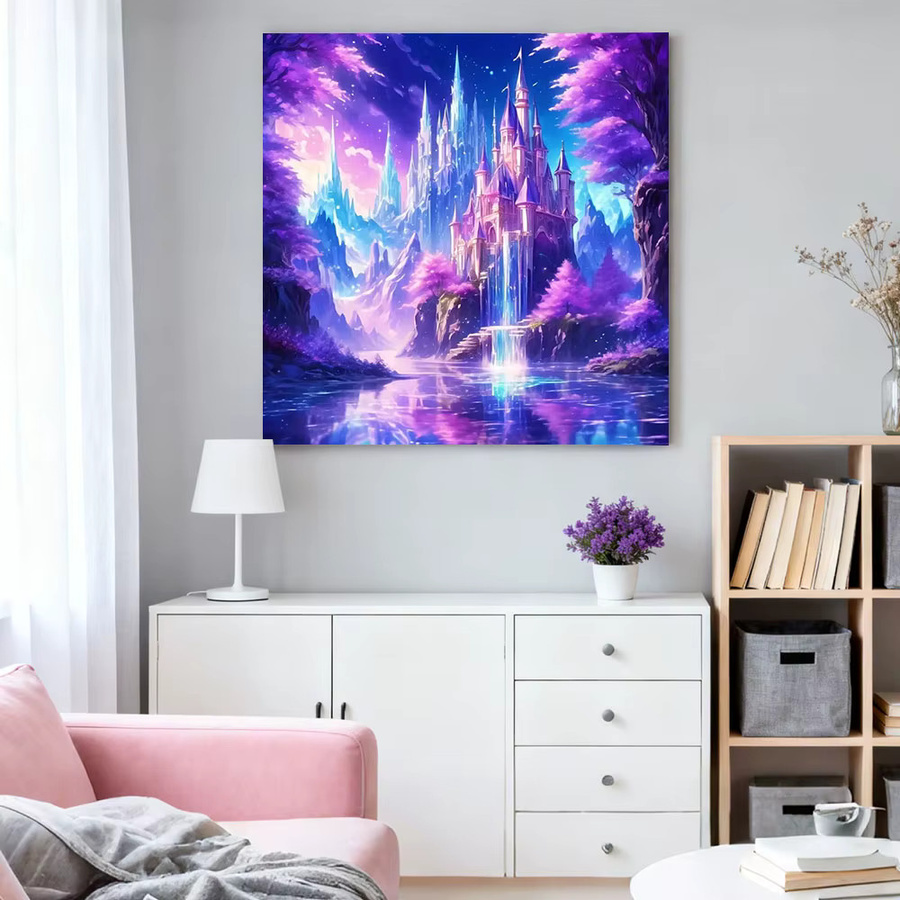 HUACAN 5D Diamantmalerei Schloss Landschaft als DIY Mosaik mit runden Steinen in Lila - Bild 2