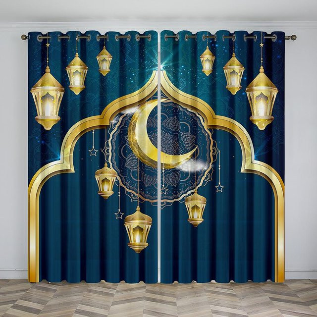 2er-Set Ramadan Verdunkelungsvorhänge mit Sternen-Motiv in Blau, Fenstergardinen für Wohnzimmer und Schlafzimmer, B: 50 cm, H: 130 cm - Bild 1