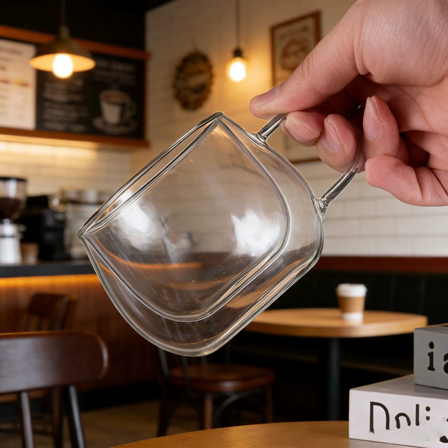 YWDL Doppelwandige Glastasse mit Henkel aus transparentem Hochborosilikatglas, hitzebeständige Kaffee- und Teetasse, 100 ml - Bild 3