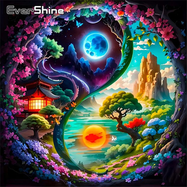 Evershine 5D Diamantstickerei Landschaft Tai Chi Mosaik Bild mit Strass Blumen in Multicolour als handgemachtes Geschenk - Bild 1