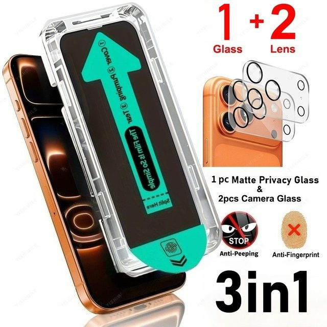 3-in-1 Schutzset für iPhone 12 bis 17 mit mattiertem Sichtschutz aus gehärtetem Glas und 2 Kameraobjektivschutz in Schwarz und Transparent - Bild 1