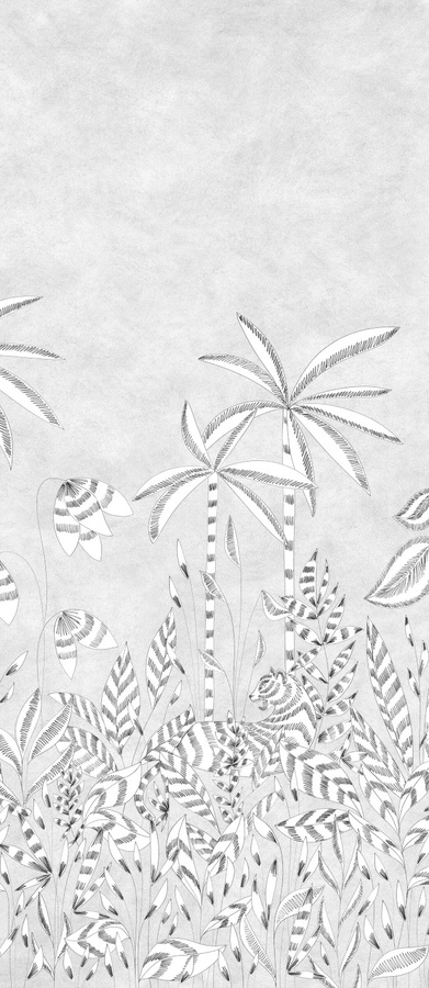 Isidore Leroy Wandtattoo Paradis Des Tigres Grisaille in Grau mit Tiermotiv und floralem Design, Breite: 330 cm, Höhe: 50 cm - Bild 1