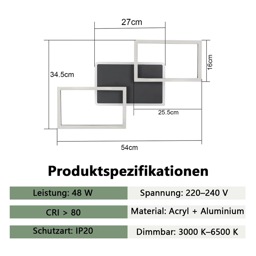 NETTLIFE Moderne LED Deckenleuchte Schwarz mit 3 verschränkten Rahmen, dimmbar, Fernbedienung und Timer - Bild 5