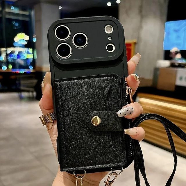 Xiaomi Lanyard-Hülle mit Geldbörsen-Funktion und Kartenfächern für Redmi Note 15 Pro Plus, 14, 13 Pro und 15 5G, Crossbody-Tasche aus Leder mit Reißverschluss, Schwarz - Bild 1