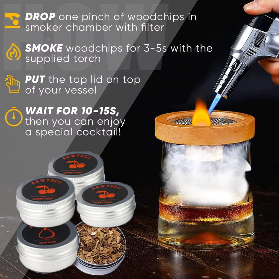 Smoking Master Cocktail-Räucher-Set mit 4 natürlichen Geschmacksrichtungen und Holzspäne-Ei in Braun für Bourbon Whiskey und Old Fashioned Getränke - Bild 2