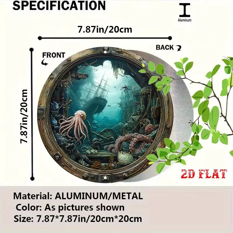 Maritime Bullauge-Wanddekoration von Potdemiel – Rundes Metallschild mit Unterwasser-Schiffwreck-Szene in Mehrfarben - Bild 2