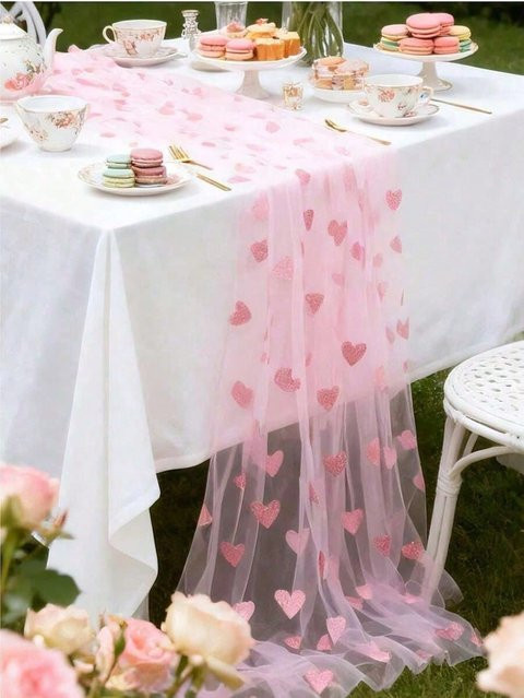 MTMA Tischdecke aus Tüll mit Herzmuster in Rosa und Bunt, Rechteckiger Tischläufer für Hochzeit und Geburtstag, Breite: 75 cm, Länge: 180 cm - Bild 1