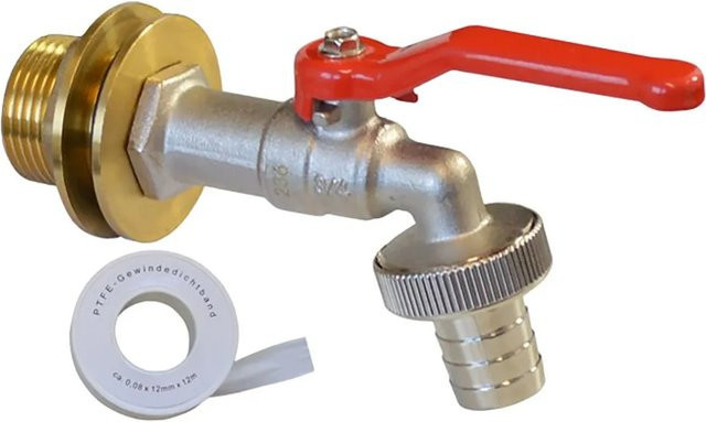 Regentonnen Auslaufset aus Messing mit Kugelauslaufhahn, Tankdurchführung und Gewindedichtband, Außengewinde: 33,7 mm (1 Zoll), Innengewinde: 26,9 mm, Farbe: Messing/Gold - Bild 1
