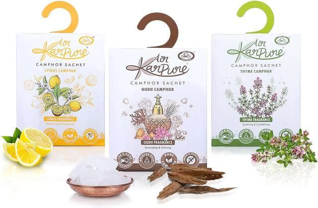 Cycle Pure Karpure Kampferbeutel 3er Pack Lufterfrischer für Zuhause, Auto und Kleiderschrank mit Oudh, Zitrus und Thymian in White und Multicolour - Bild 1