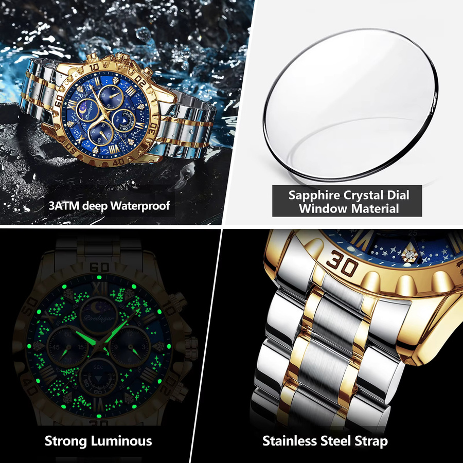 POEDAGAR Chronograph, Quarz, Edelstahl, Blau, Herren - Bild 4