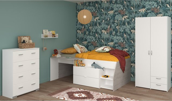 Parisot Kinderzimmer Set Milky 12 modern 3-teilig mit Hochbett, Kleiderschrank und Kommode in Weiß und Grey Loft