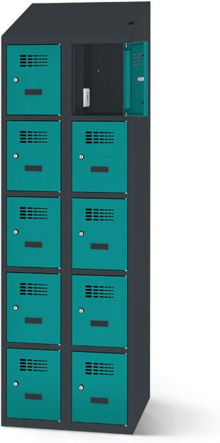 rotstahl Fächerschrank mit 10 Fächern und Ladefunktion, Korpus Anthrazit, Front Türkis, B: 80 cm, H: 200 cm - Bild 1