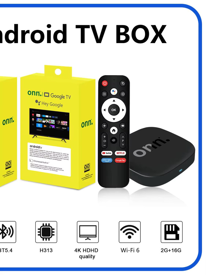Onn 4K Smart TV Box mit Android 13, Quad-Core Prozessor, 2GB RAM, 5G Wi-Fi und Sprachfernbedienung, Schwarz - Bild 1