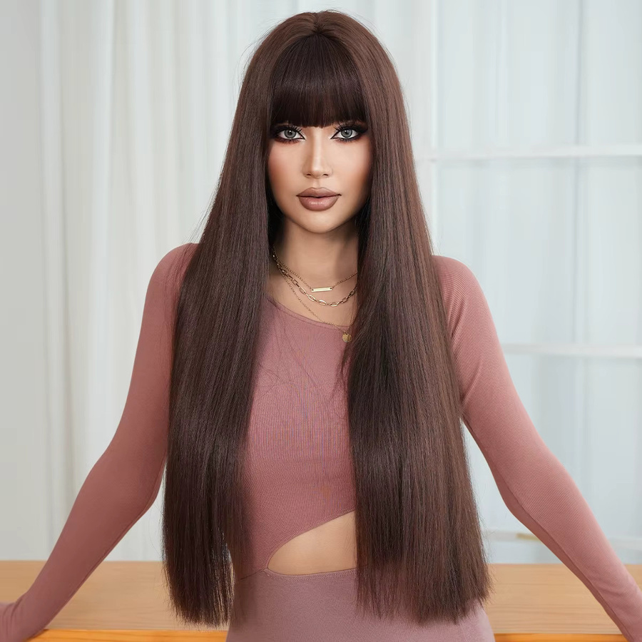 7JHH WIGS Kunsthaarperücke für Damen, mokkabraun, lang, glatt, mit Pony - Bild 2