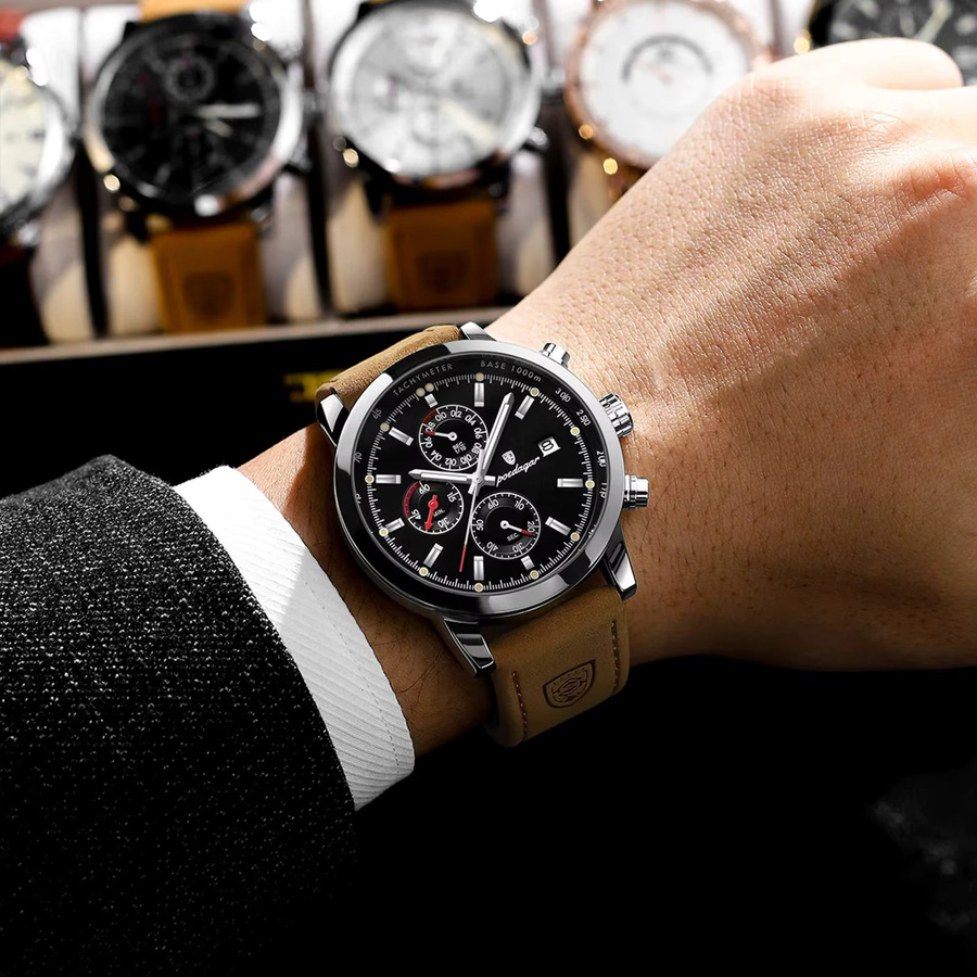 POEDAGAR Herrenarmbanduhr, Chronograph, Quarz, Lederarmband, Silber, Datum - Bild 6