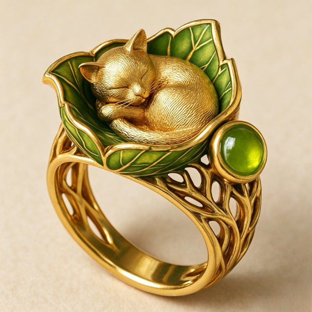 YoYo Vintage-Ring, Gold, Katze, grüner synthetischer Edelstein, Damen - Bild 1