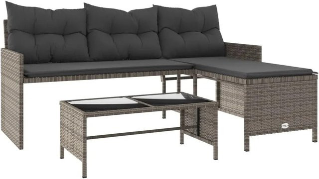 vidaXL Gartensofa in L-Form mit Tisch und Kissen, Grau, Poly Rattan und Metall, B/T/H: 170 x 120 x 72,5 cm - Bild 1