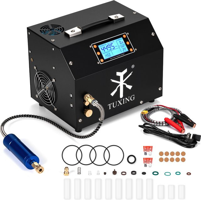 TUXING TXET063 PCP Luftkompressor in Schwarz mit integrierter Stromversorgung, LCD-Display und digitaler Steuerung für Luftgewehre und Tauchanwendungen (300 Bar / 30 MPa / 4500 Psi) - Bild 1