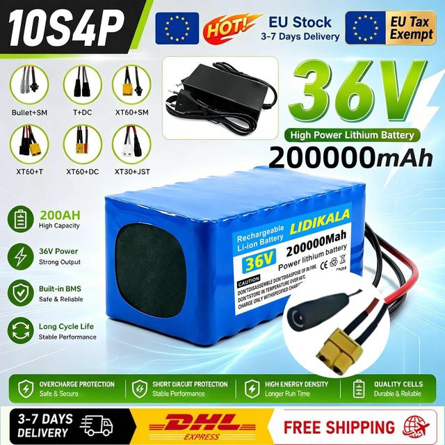 Wiederaufladbarer Lithium-Akku 36V 10S4P 200000mAh in Blau mit XT60 und Gleichstrom-Stecker für Elektrofahrräder - Bild 1