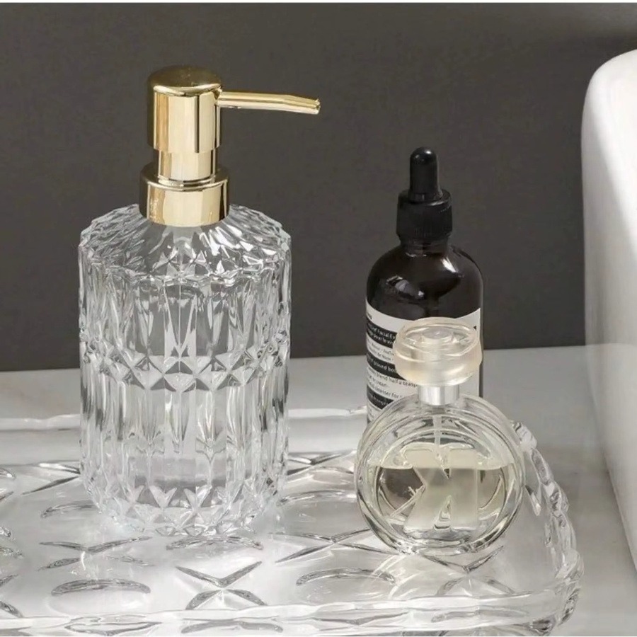 LAOPAO Glasseifenspender mit Pumpe, nachfüllbare Flasche für Flüssigseife oder Duschgel, transparent und grün, 394 ml - Bild 2