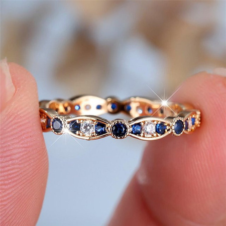JUNXIN Ring Damen, Goldfarbe, Zirkonia, weiß und blau, Ringgröße 10