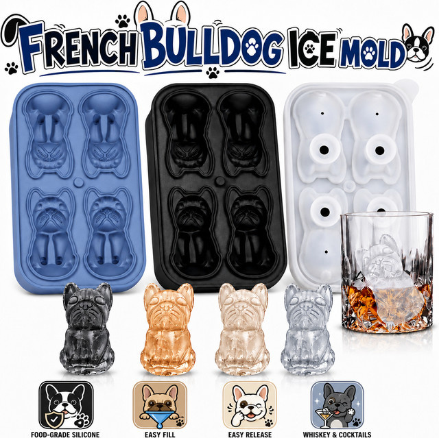 PGY Eiswürfelform in Form von französischen Bulldoggen aus Silikon mit Trichter, 4-Loch-Eiswürfelform für Whiskey und Cocktails, Blau - Bild 1