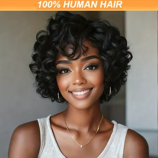 OYM HAIR Bob-Pixie-Perücke, Echthaar, schwarz, mit Pony, Damen - Bild 1