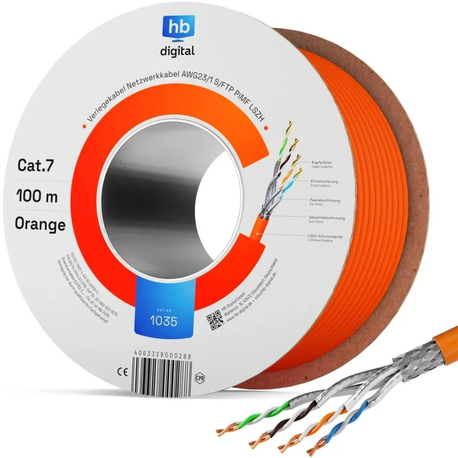 hb-digital CAT 7 Netzwerkkabel S/FTP Ethernet LAN Kabel Orange 100 m - Bild 1