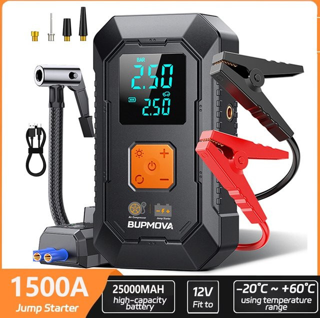 BSMOOM 1500A Starthilfe-Powerbank mit integrierter Luftpumpe und 25000 mAh Akku für Benzin- und Dieselmotoren bis 10,0L, Schwarz - Bild 1
