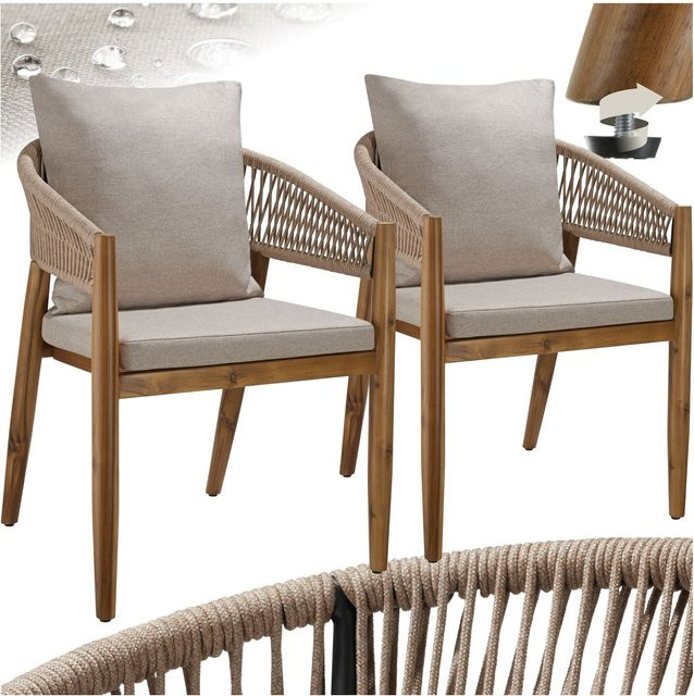 tectake Gartenstuhl Manacor aus lasiertem Akazienholz mit Arm- und Rückenlehne im Ropedesign, Farbe Sand/Beige, inklusive wetterfester Polyesterkissen - Bild 1