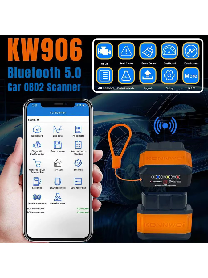 KONNWEI KW906 ELM327 V1.5 OBD2 Scanner Bluetooth 5.0 Auto-Diagnosegerät in Rot für Android und iOS - Bild 5