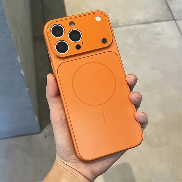 Luxus AG Glas Rückabdeckung Magnetische Handyhülle mit Linsenschutz für Apple iPhone 17 Pro Max Air, iPhone 16, 15, 14, 13 Pro Max in Silver und Orange - Bild 1
