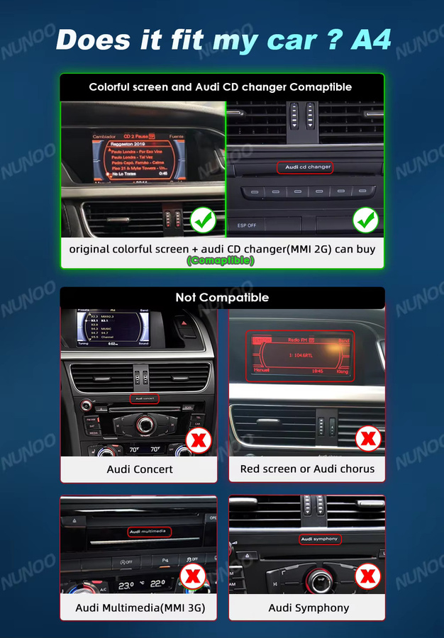NUNOO Android 14 Multimedia-Touchscreen-Radio mit Wireless CarPlay und Android Auto für Audi A4 B8 in Schwarz - Bild 3