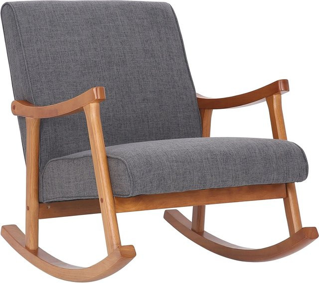 DELUKE Schaukelstuhl JONAS Indoor Relaxstuhl aus Stoff in Hellgrau mit Walnussbraunem Holzgestell B/T/H: 67 x 92 x 82 cm - Bild 1