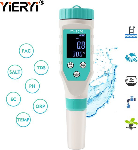 Yieryi 7-in-1 Digitaler Wasserqualitätsanalysator für Schwimmbäder und Spa zur Messung von pH-Wert, Salz, ORP, TDS, EC und FAC - Bild 1