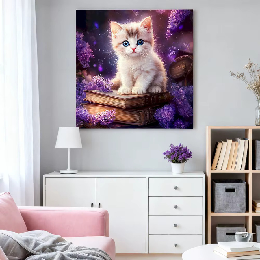 HUACAN Diamond Painting Set Katze mit Fliederblüten in Lila und Multicolour, 5D DIY Diamant-Mosaik für deine Wanddekoration - Bild 3