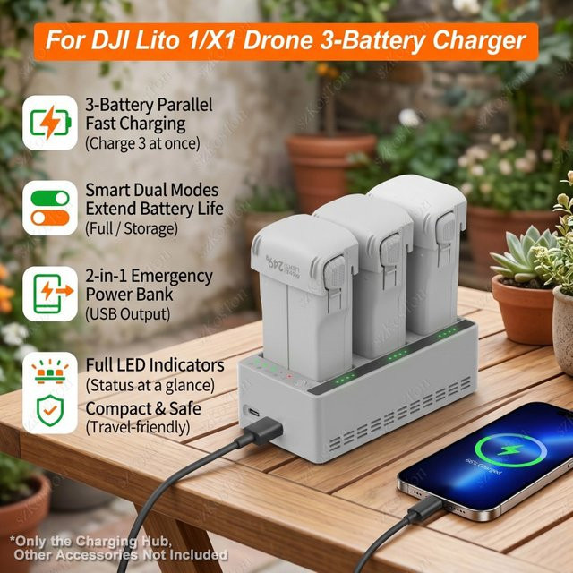 DJI Lito 1/X1 Drohnen-Ladegerät mit 3-Kanal-Zwei-Wege-Ladehub und USB-C Powerbank in Weiß - Bild 1