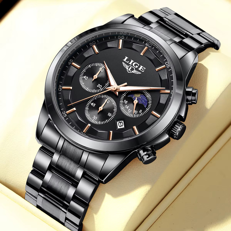 LIGE Armbanduhr Edelstahl, Quarz, Mondphase, Datum, Herren, Schwarz - Bild 6
