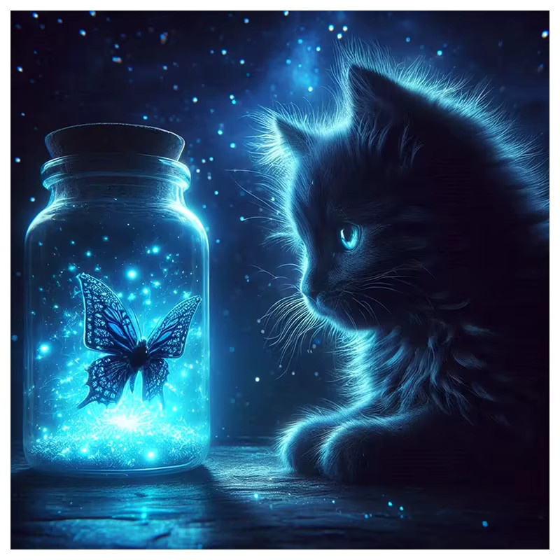 HUACAN Diamantmosaik-Gemälde Katze mit Schmetterling in Blau, Handgefertigte Wanddekoration mit runden Steinen - Bild 5