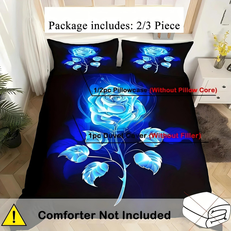Grosstor Bettwäsche-Set mit blauem 3D-Rosenmuster, Bettbezug und Kissenbezug mit Reißverschluss, B/H: 172 x 218 cm - Bild 2