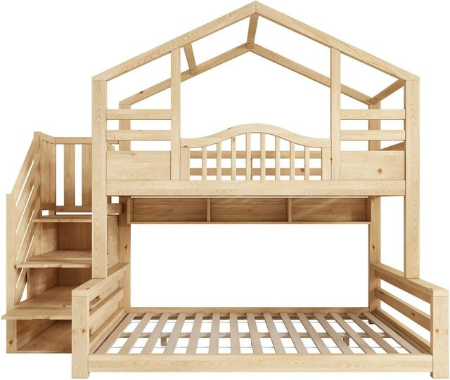 Merax Etagenbett für Kinder mit Treppenschrank und Seitenfächern, Kiefer Natur, B/T/H: 234 x 140 x 206 cm (obere Liegefläche 140 x 200 cm, untere Liegefläche 90 x 200 cm) - Bild 1