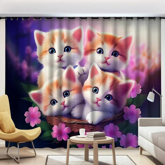 Verdunkelungsvorhänge mit Katzen-Motiv von Yiran Furniture für Kinderzimmer, thermoisolierend und schattierend, Mehrfarbig, Breite: 70 cm, Höhe: 185 cm - Bild 1