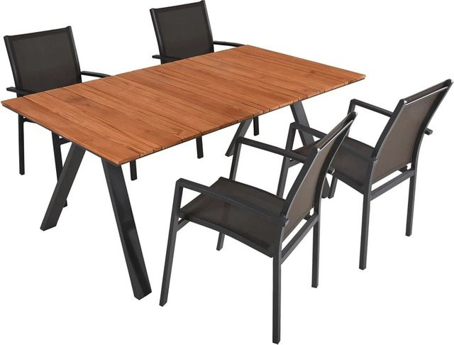 DELUKE Garten-Sitzgruppe GEORG 5-teilig aus Teakholz in Dunkelgrau mit Esstisch und Stapelstühlen - Bild 1