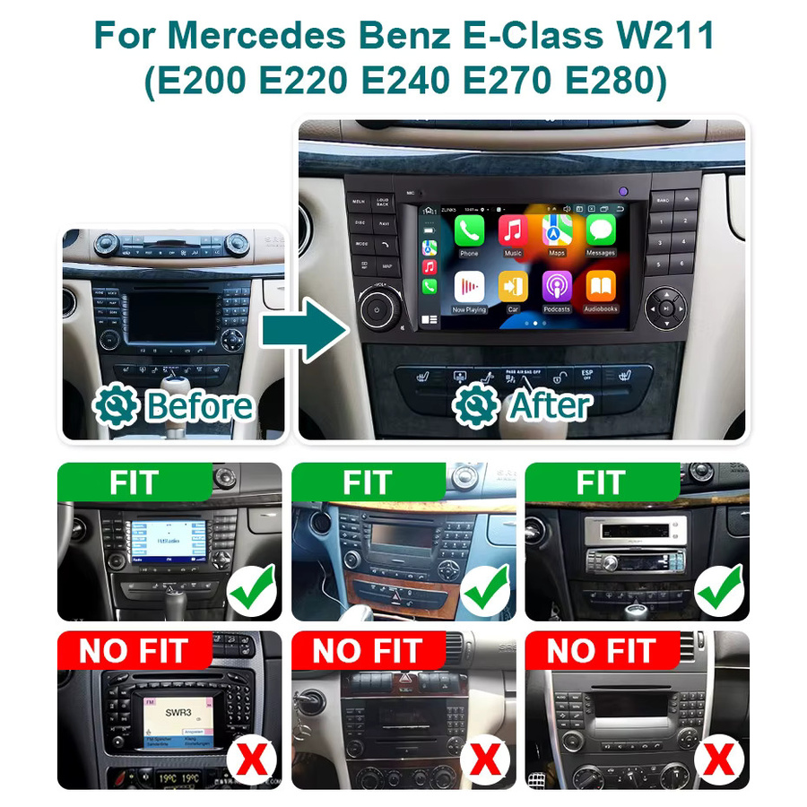 Naviunit Android 15 Autoradio mit 7 Zoll Bildschirm für Mercedes Benz E-Klasse W211 (2002-2008), Wireless CarPlay, Bluetooth, WiFi und 4G, Farbe: Schwarz - Bild 2