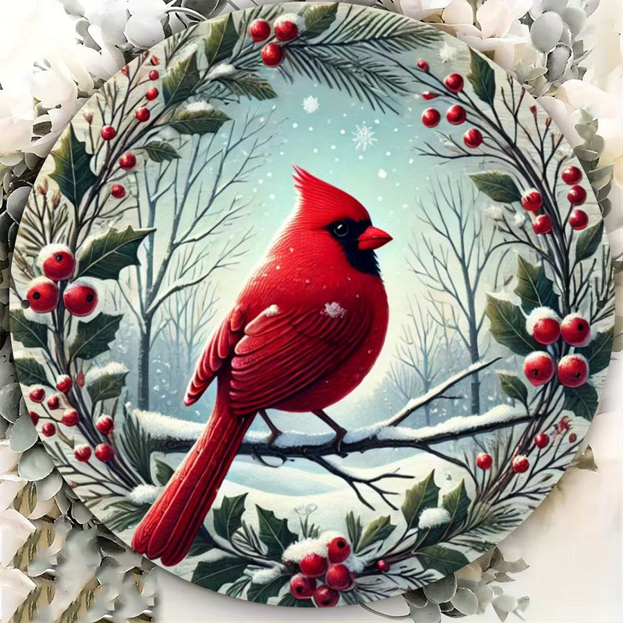 Potdemiel rote Kardinal-Vogengirlande aus Metall mit Holly-Beeren als kreisförmige Hängedekoration für die Weihnachtszeit, Durchmesser: 20,3 cm - Bild 2