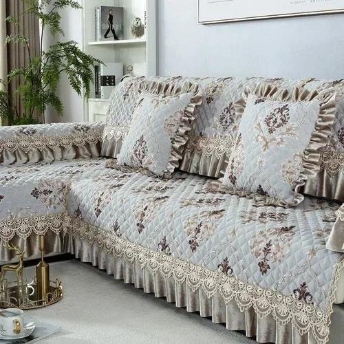 BC-Warm Home Universal-Sofabezug mit großem Rock im europäischen Stil, rutschfeste Sofamatte aus Baumwoll-Leinen-Jacquard mit floralem Muster in Grau, B/T/H: 210 x 90 x 18 cm - Bild 1
