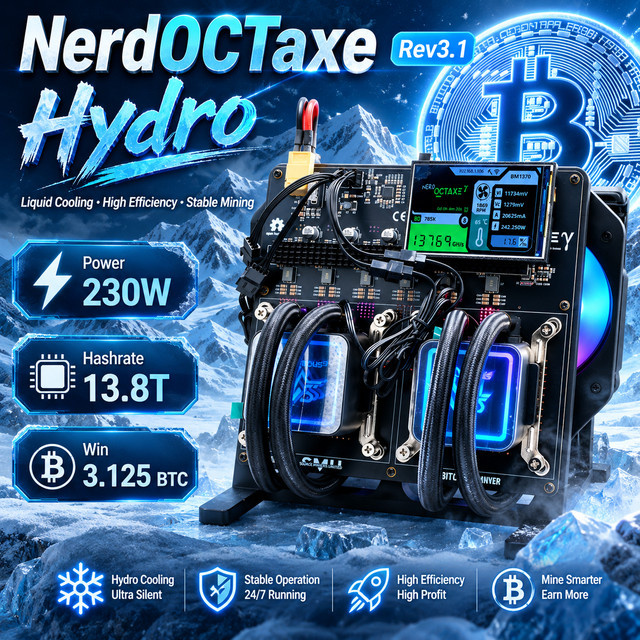Nerdoctaxe Rev3.1 Hydro Open-Source Bitcoin-Miner mit 13,8 Th/s, 230 W und 3,5-Zoll-Display in Schwarz - Bild 1