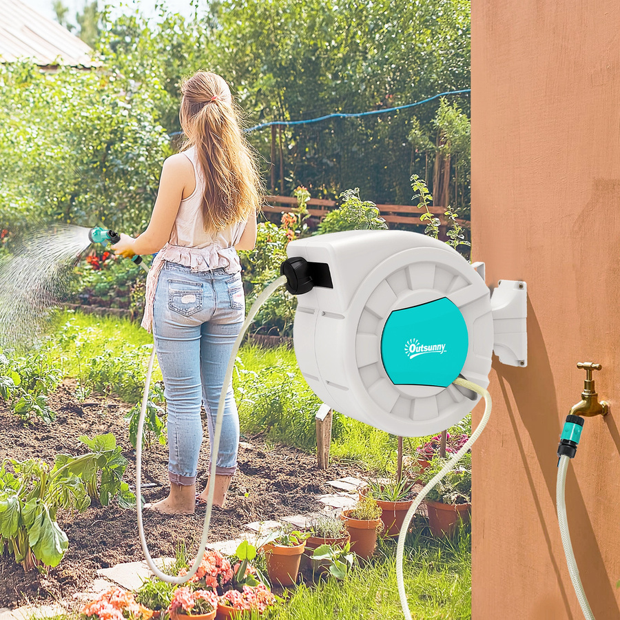 Outsunny Schlauchaufroller Hellgrau mit Wandhalterung und Griff, 25+2 m Wasserschlauch-Aufwickler, 180 Grad schwenkbar mit 7 Bewässerungsdüsen - Bild 2