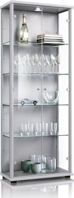 K-Möbel Vitrinenschrank mit 2 Glastüren und LED-Beleuchtung in Silber, H x B x T: 176 x 67 x 33 cm - Bild 1