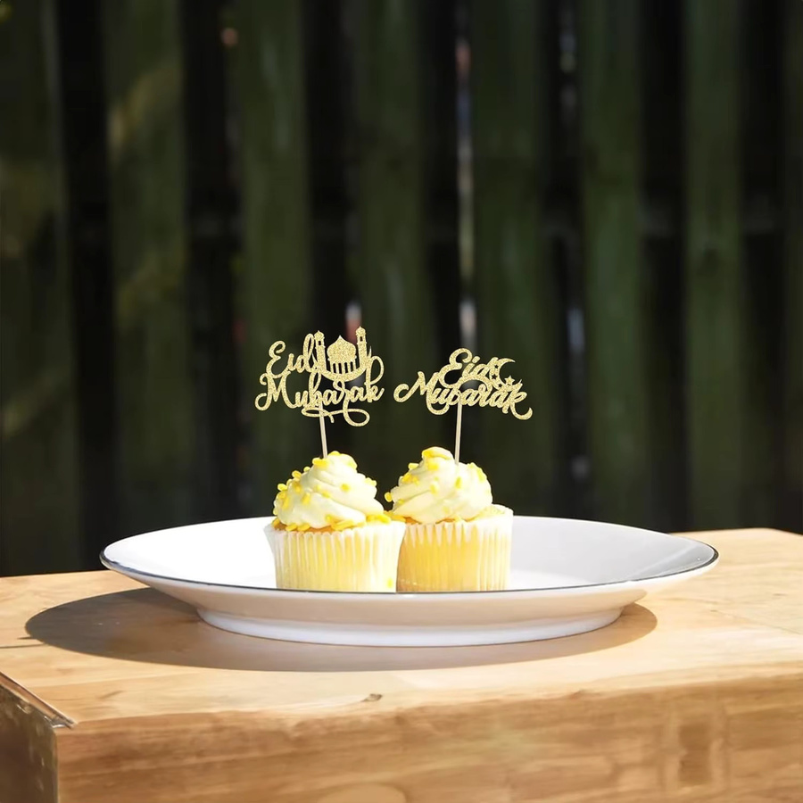 24er-Pack Eid Mubarak Cupcake Topper mit Glitzer Stern und Mond in Gold für Ramadan Kareem und islamische Partydekoration - Bild 2